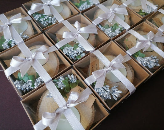 Christmas candle favors, wood silver candle party favors
